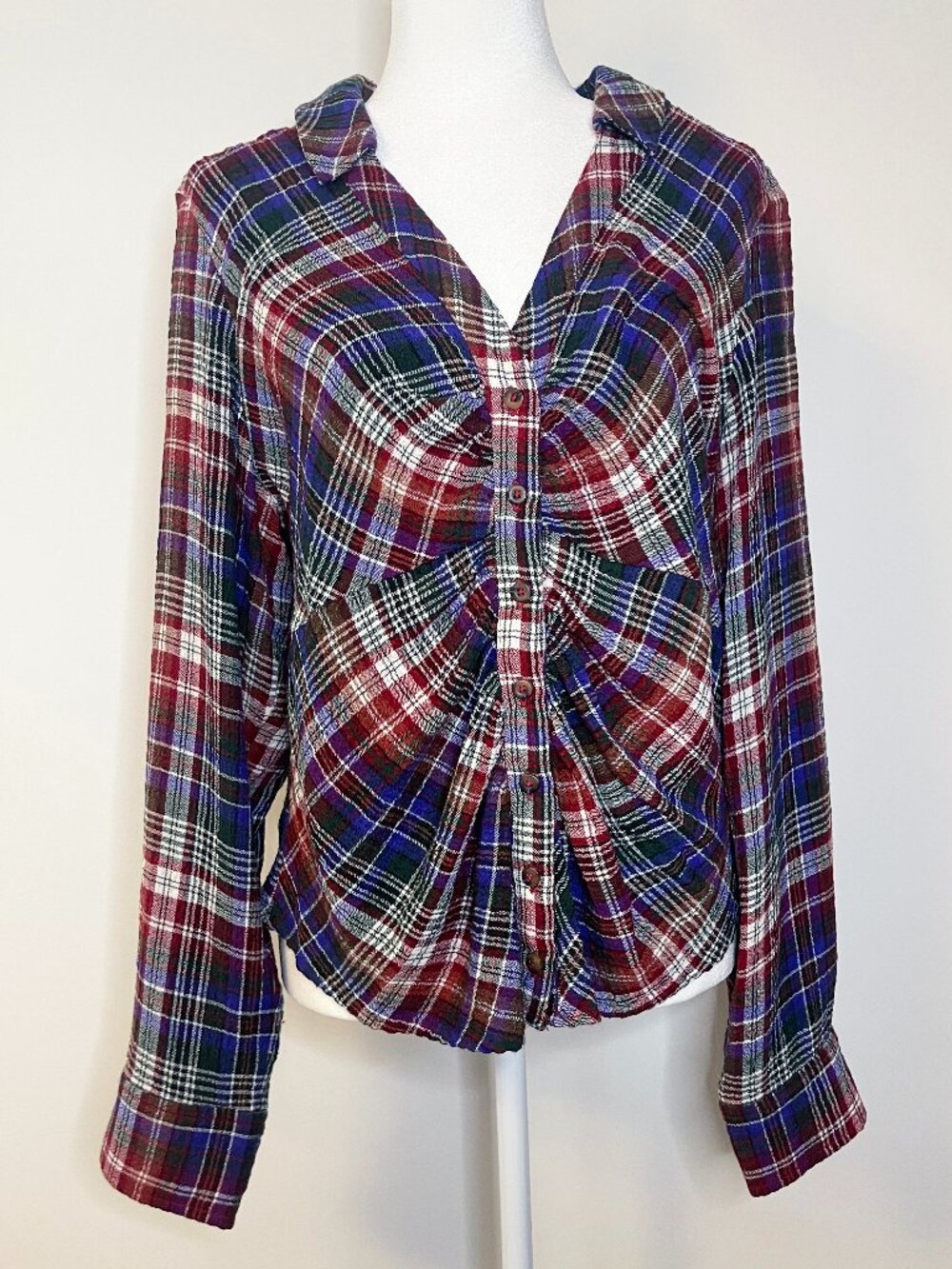 Pilcro Plaid Ruched Button Front Shirt Top Size L Anthropologie Autumn Grunge